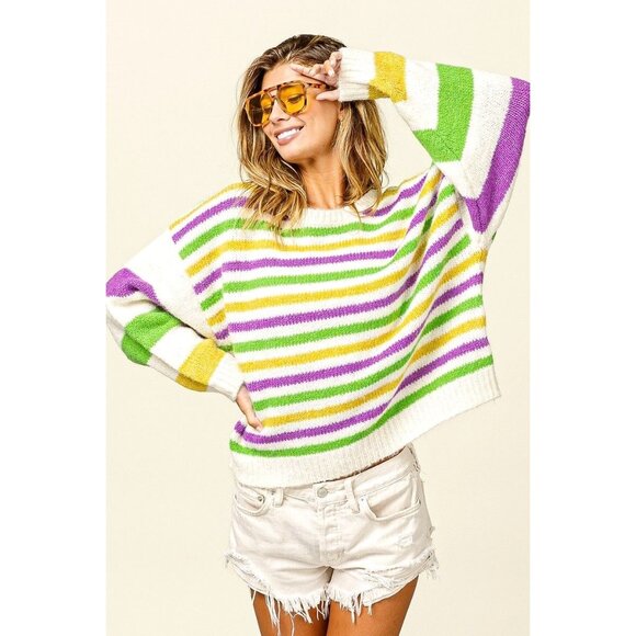 BOUTIQUE ITEM NWT Striped Mardi Gras Colors Comfy Sweater - Picture 1 of 4
